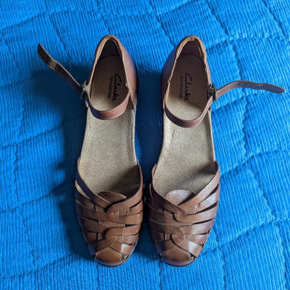 Clarks Women’s Tan Leather Ankle-Strap Flat